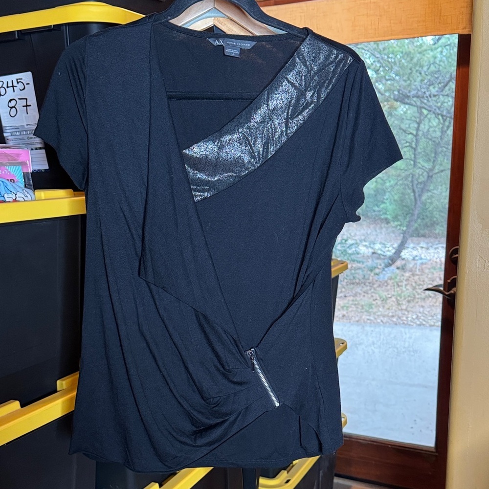 Armani Exchange A/X Faux Leather Black Raw Hem Top with Zipper Accent Size Large